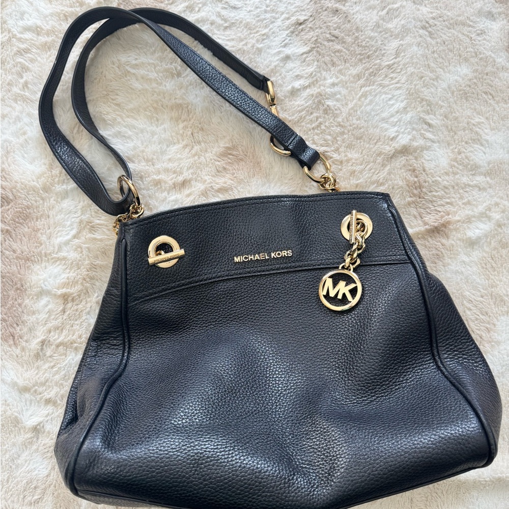 Michael Kors Jet Set Medium Black Shoulder Bag with Gold Accents